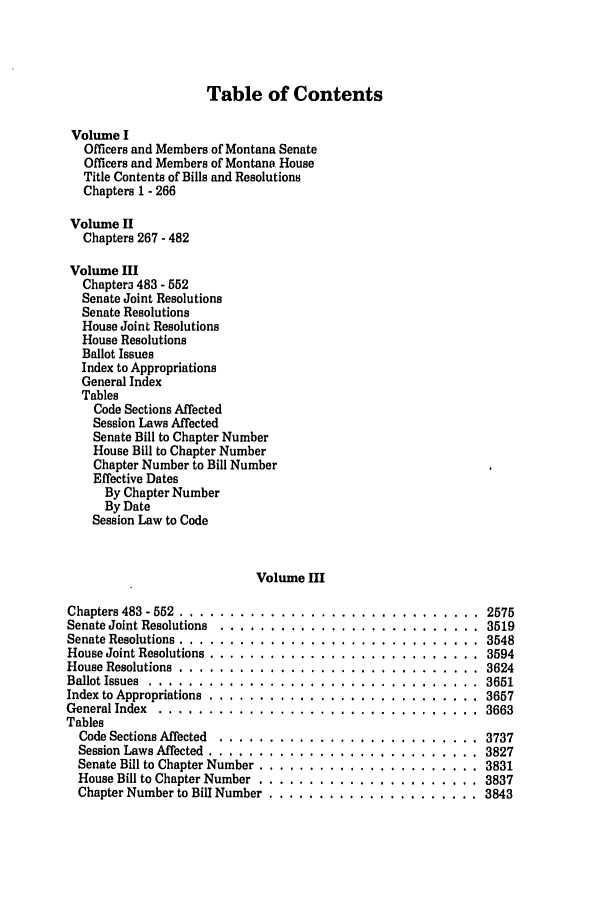 handle is hein.ssl/ssmt0022 and id is 1 raw text is: Table of Contents
Volume I
Officers and Members of Montana Senate
Officers and Members of Montana House
Title Contents of Bills and Resolutions
Chapters 1 - 266
Volume II
Chapters 267 - 482
Volume III
Chapter3 483 - 552
Senate Joint Resolutions
Senate Resolutions
House Joint Resolutions
House Resolutions
Ballot Issues
Index to Appropriations
General Index
Tables
Code Sections Affected
Session Laws Affected
Senate Bill to Chapter Number
House Bill to Chapter Number
Chapter Number to Bill Number
Effective Dates
By Chapter Number
By Date
Session Law to Code
Volume III
Chapters 483 - 552 ................................... 2575
Senate Joint Resolutions ..... .......................... 3519
Senate Resolutions ................................... 3548
House Joint Resolutions ............................... 3594
House Resolutions .................................... 3624
Ballot Issues ....................................... 3651
Index to Appropriations ................................ 3657
General Index ...... ................................ 3663
Tables
Code Sections Affected ............................... 3737
Session Laws Affected ................................ 3827
Senate Bill to Chapter Number .......................... 3831
House Bill to Chapter Number .......................... 3837
Chapter Number to Bill Number ......................... 3843


