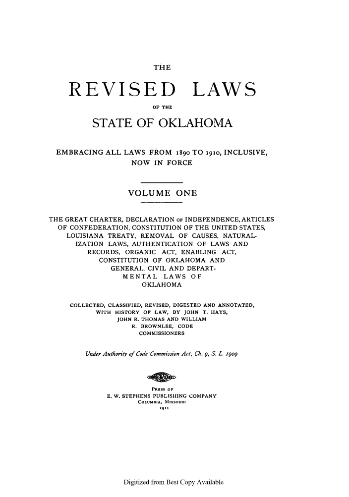 Revised Laws Of The State Of Oklahoma V 1