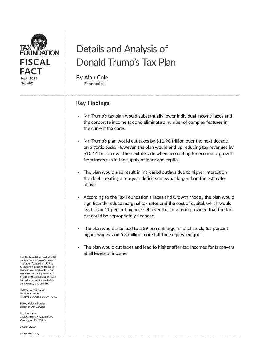 handle is hein.taxfoundation/deadttxp0001 and id is 1 raw text is: FOUNDON                      Details and Analysis ofFISCAL                       Donald Trump's Tax PlanFACTSept 2015                   By  Alan   ColeNo. 482                         Economist                            Key   Findings                                Mr. Trump's tax plan would substantially lower individual income taxes and                                the corporate income  tax and eliminate a number  of complex features in                                the current tax code.                                Mr. Trump's plan would  cut taxes by $11.98 trillion over the next decade                                on a static basis. However, the plan would end up reducing tax revenues  by                                $10.14  trillion over the next decade when accounting for economic  growth                                from increases in the supply of labor and capital.                                The plan would  also result in increased outlays due to higher interest on                                the debt, creating a ten-year deficit somewhat larger than the estimates                                above.                                According  to the Tax Foundation's Taxes and Growth  Model, the plan would                                significantly reduce marginal tax rates and the cost of capital, which would                                lead to an 11 percent higher GDP  over the long term provided that the tax                                cut could be appropriately financed.                                The plan would  also lead to a 29 percent larger capital stock, 6.5 percent                                higher wages, and 5.3 million more full-time equivalent jobs.                                The plan would  cut taxes and lead to higher after-tax incomes for taxpayers                                at all levels of income.The Tax Foundation is a 501(c)(3)non-partisan, non-profit researchinstitution founded in 1937 toeducate the public on tax policy.Based in Washington, D.C., oureconomic and policy analysis isguided by the principles of soundtax policy: simplicity, neutrality,transparency, and stability.©2015 Tax FoundationDistributed underCreative Commons CC-BY-NC 4.0Editor, Melodie BowlerDesigner, Dan CarvajalTax Foundation1325 G Street, NW, Suite 950Washington, DC 20005202.464.6200taxfoundation.org