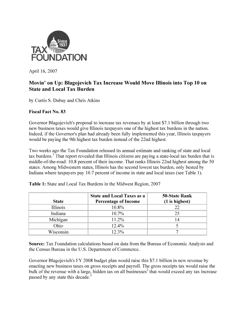 handle is hein.taxfoundation/ffidxz0001 and id is 1 raw text is: TAXFOUNDATIONApril 16, 2007Movin' on Up: Blagojevich Tax Increase Would Move Illinois into Top 10 onState and Local Tax Burdenby Curtis S. Dubay and Chris AtkinsFiscal Fact No. 83Governor Blagojevich's proposal to increase tax revenues by at least $7.1 billion through twonew business taxes would give Illinois taxpayers one of the highest tax burdens in the nation.Indeed, if the Governor's plan had already been fully implemented this year, Illinois taxpayerswould be paying the 9th highest tax burden instead of the 22nd highest.Two weeks ago the Tax Foundation released its annual estimate and ranking of state and localtax burdens.1 That report revealed that Illinois citizens are paying a state-local tax burden that ismiddle-of-the-road: 10.8 percent of their income. That ranks Illinois 22nd highest among the 50states. Among Midwestern states, Illinois has the second lowest tax burden, only bested byIndiana where taxpayers pay 10.7 percent of income in state and local taxes (see Table 1).Table 1: State and Local Tax Burdens in the Midwest Region, 2007State and Local Taxes as a      50-State RankState              Percentage of Income          (1 is highest)............................. s t ~ t e  ...........................................................................................h...e.t...................Illinois                   10.8%                       22Indiana                    10.7%                       25Michigan                    11.2%o                      14Ohio                      12.4%                        5Wisconsin                   12.3%                        7Source: Tax Foundation calculations based on data from the Bureau of Economic Analysis andthe Census Bureau in the U.S. Department of Commerce.Governor Blagojevich's FY 2008 budget plan would raise this $7.1 billion in new revenue byenacting new business taxes on gross receipts and payroll. The gross receipts tax would raise thebulk of the revenue with a large, hidden tax on all businesses2 that would exceed any tax increasepassed by any state this decade.3