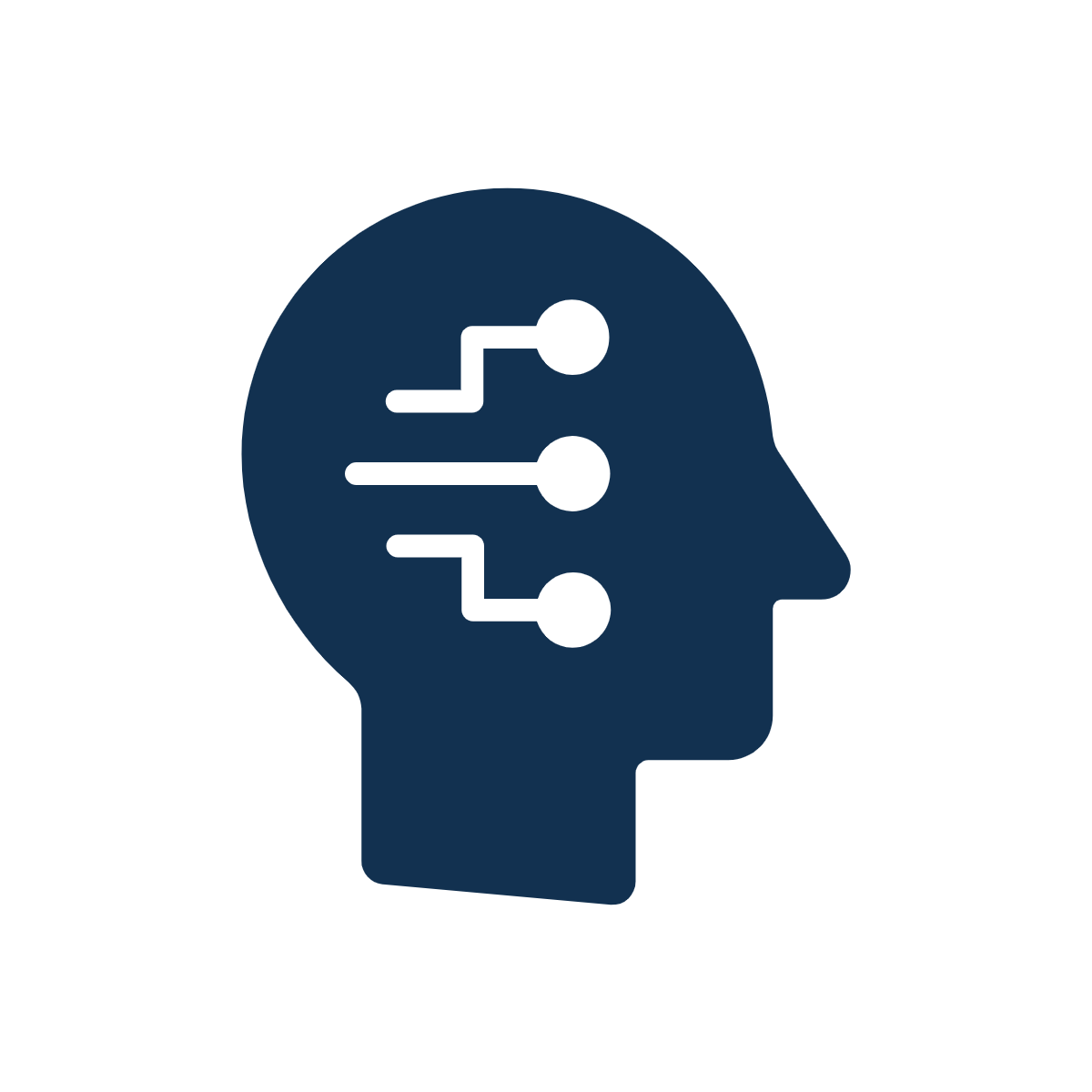 An icon of a human head with a transparent skull, showing a brain made of digital circuits, representing artificial intelligence.